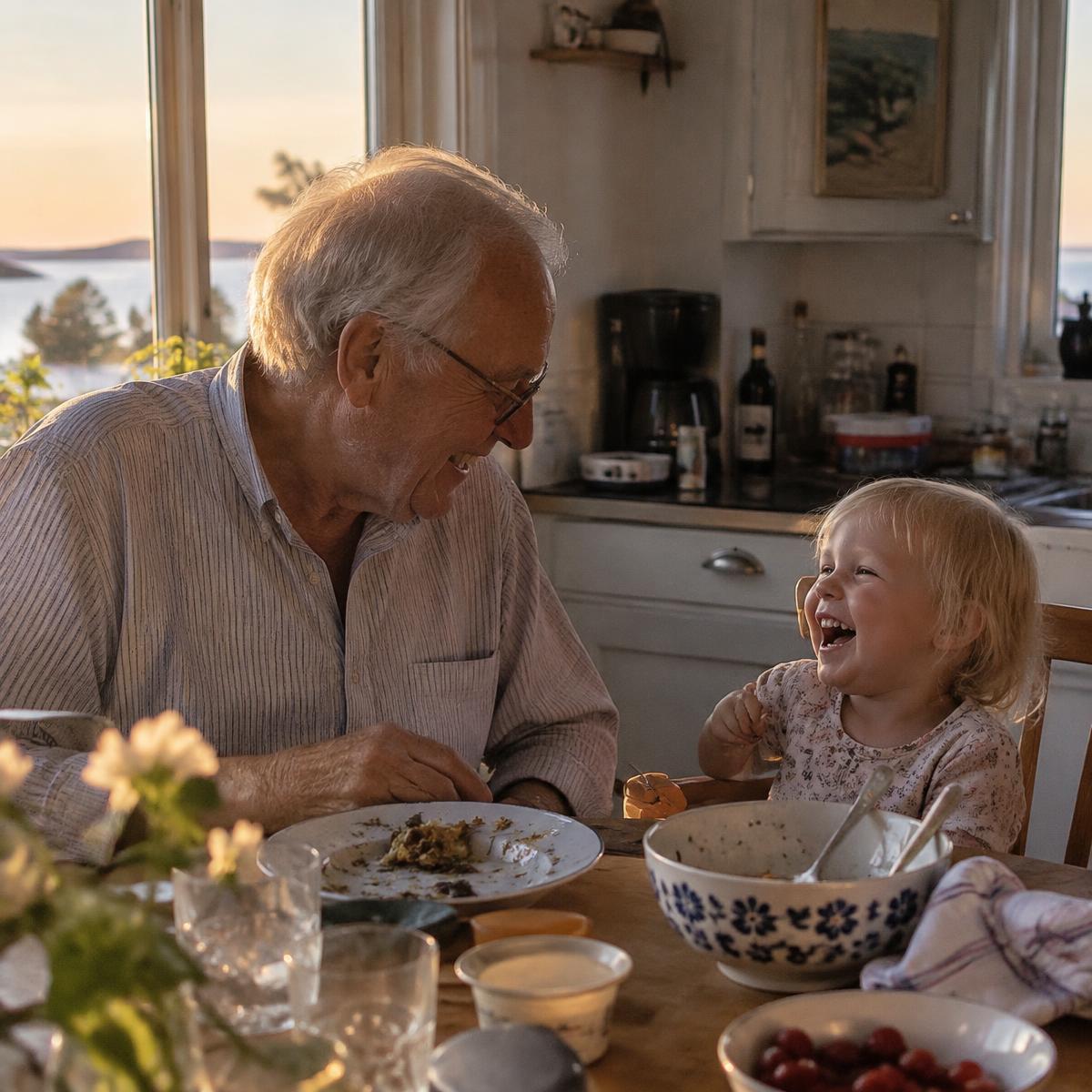 Morfar och barnbarn skrattar vid köksbordet