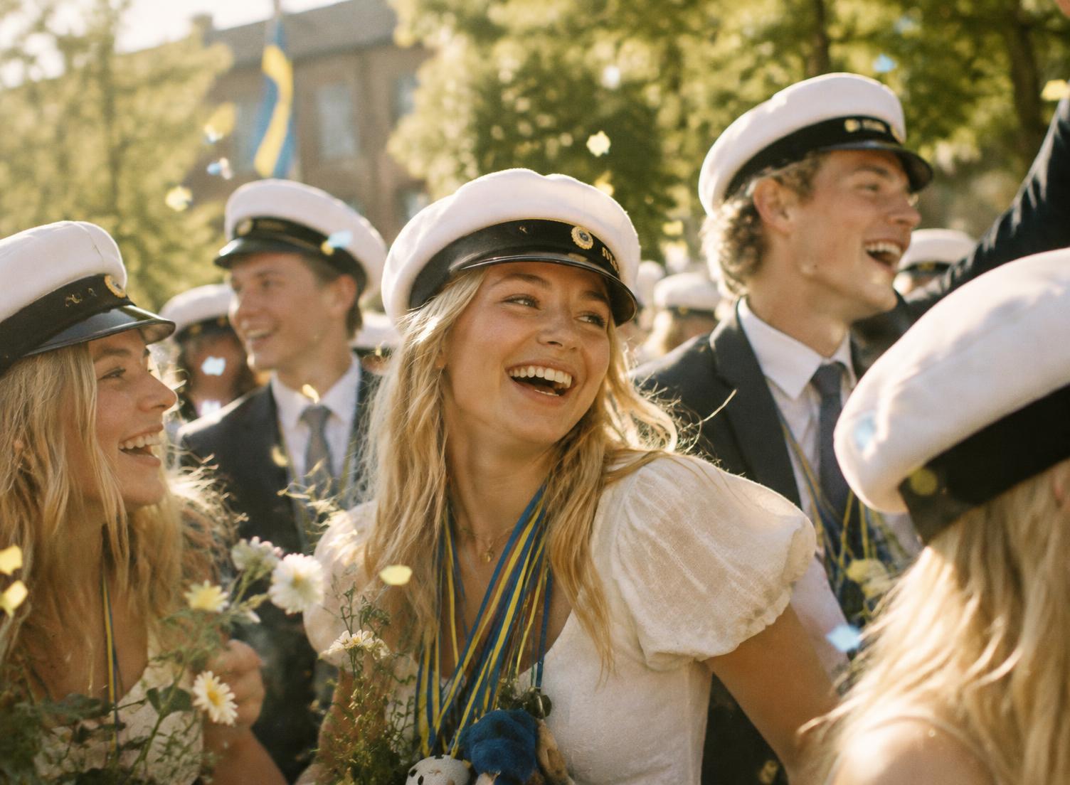 Glada studenter i studentmössor i junisol