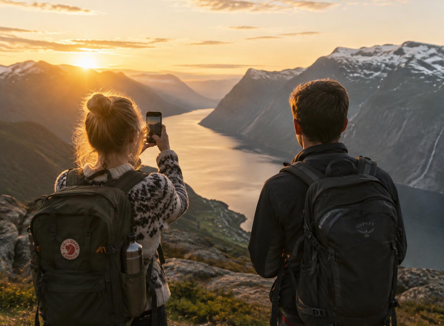 Två vänner tittar ut över en fjord i solnedgången